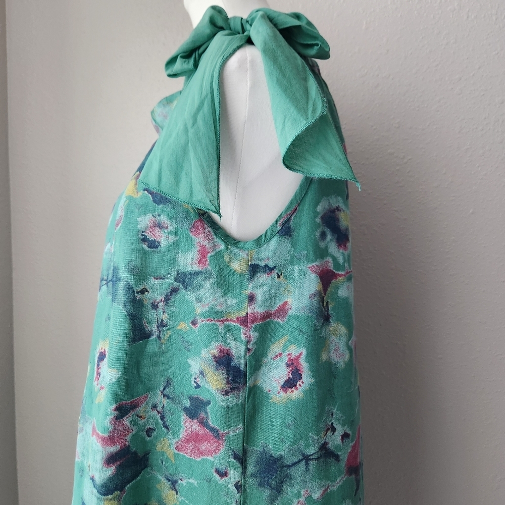 BELLAMBRA MADE IN ITALY 100% Linen Neck Tie Floral Watercolor Printed Dress - Picture 6 of 13